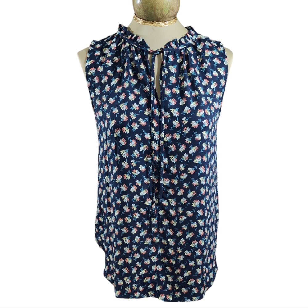 Loft Floral Sleeveless Tie Neck Blouse Size Small